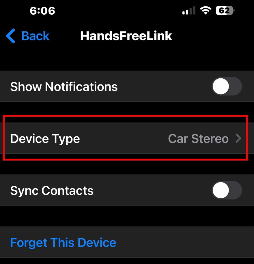 Setting Device Type to Car Stereo on iPhone Bluetooth Settings