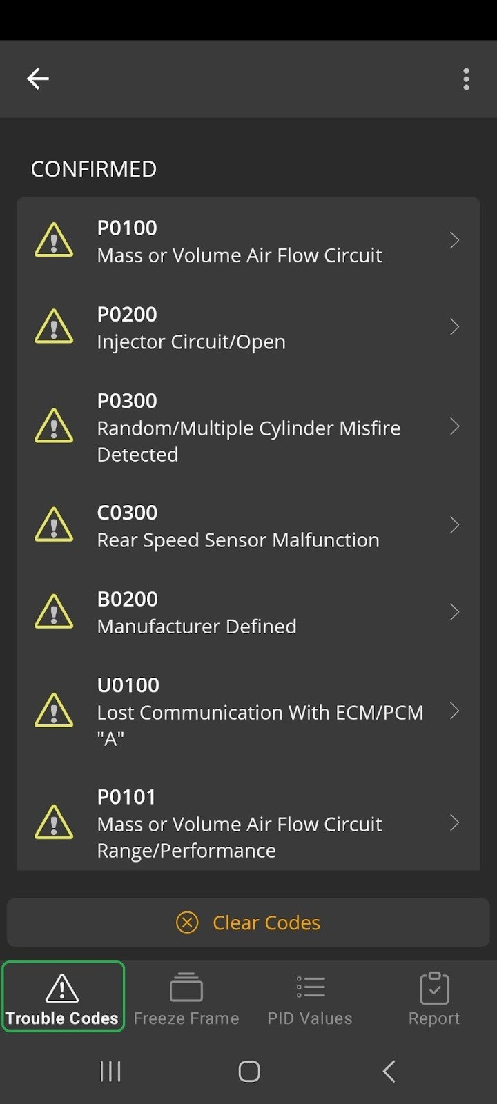 Trouble Codes Display on Diagnostic App