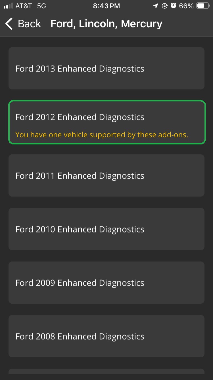 iOS screen listing Ford, Lincoln, Mercury enhanced diagnostics by model year, with the Ford 2012 button highlighted