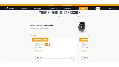 Carly repair cost calculator displaying estimated repair costs