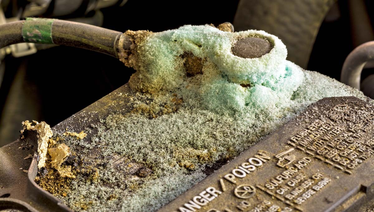 Corrosion on a car battery terminal