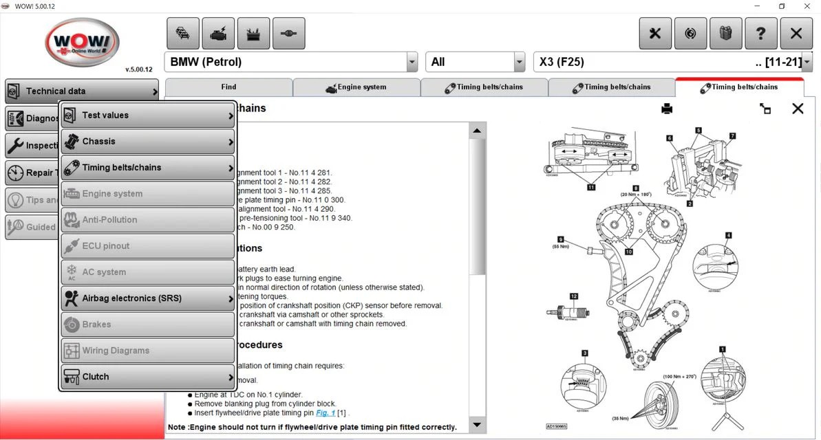 WOW diagnostic software interface