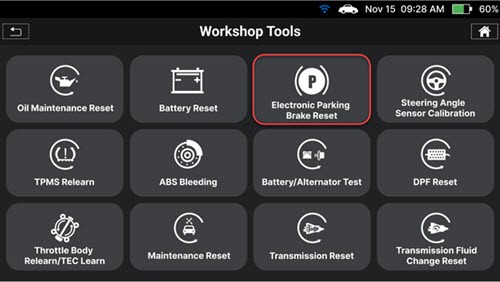 Selecting Electronic Parking Brake Reset function on Innova SDS50