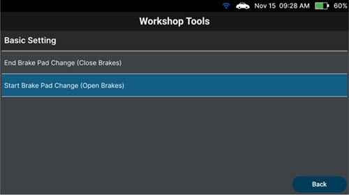 Selecting Start Brake Pad Change function for EPB Reset
