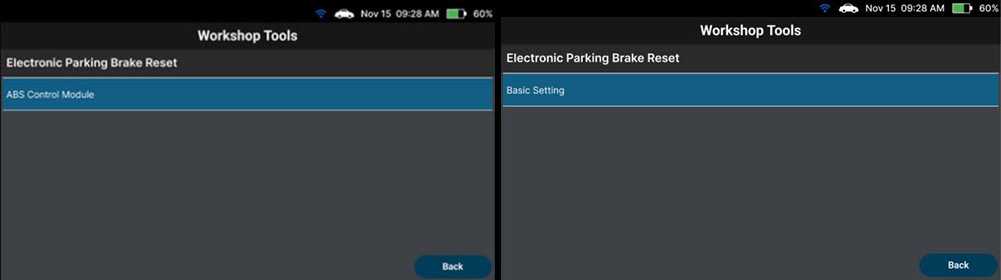 Selecting ABS Control Module system for EPB Reset