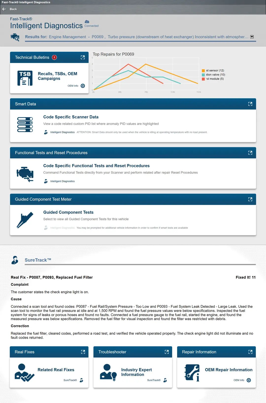 Automotive technicians using diagnostic software with TSB access for efficient vehicle repair