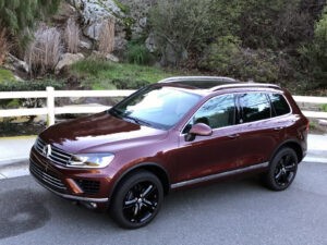 Interior of the 2017 VW Touareg featuring comfortable seating and a panoramic sunroof