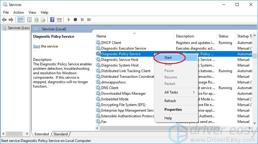 Starting the Diagnostics Policy Service by right-clicking and selecting Start