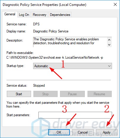 Setting the Startup type to Automatic in the Diagnostics Policy Service Properties