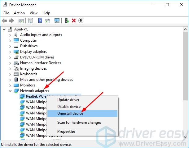 Uninstalling a network adapter in Device Manager by right-clicking and selecting Uninstall device