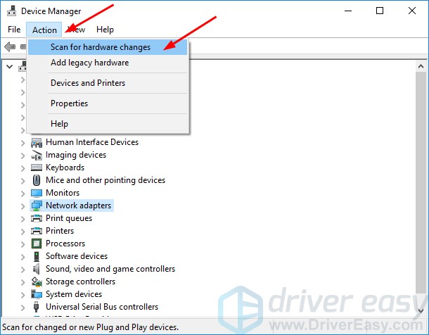 Scanning for hardware changes in Device Manager
