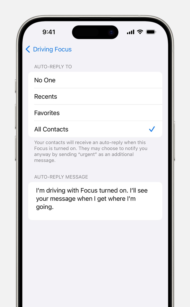 Auto-reply Driving focus settings in Settings &gt; Focus &gt; Auto-Reply