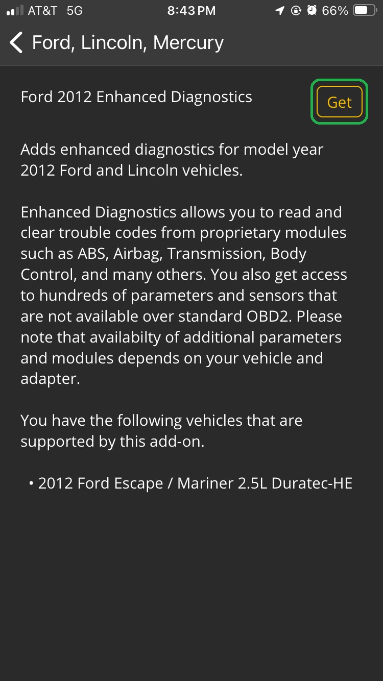 iOS screen showing Ford 2012 Enhanced Diagnostics information with the Get button highlighted