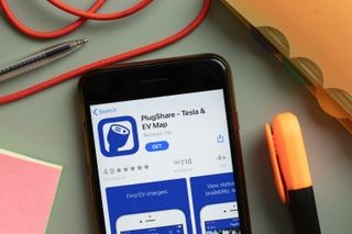 Plugshare map of EV charging stations on an iPhone