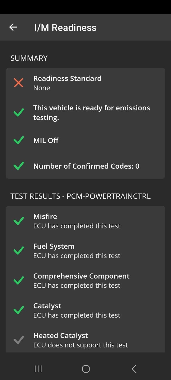Android screen showing the I M Readiness report