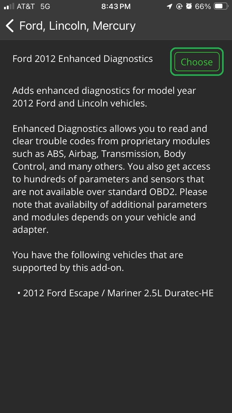 iOS screen showing Ford 2012 Enhanced Diagnostics information with the Choose button highlighted