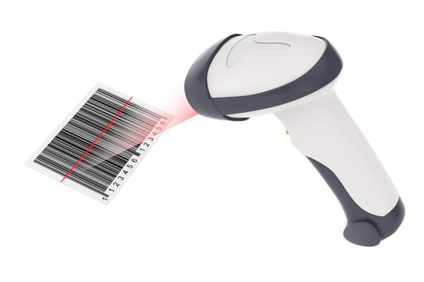 Wireless RF scanner scanning a barcode with a red laser beam