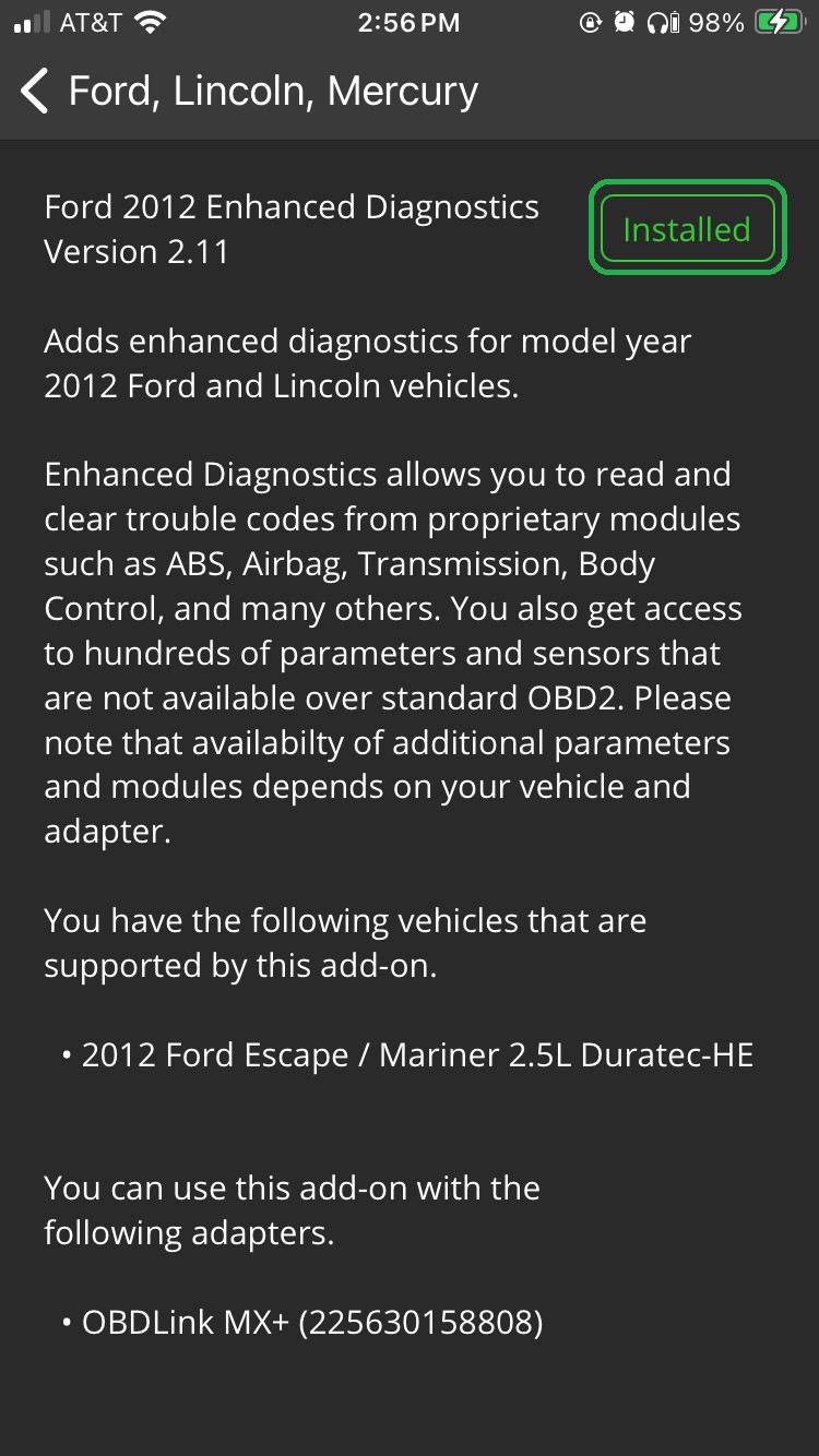 iOS screen showing Ford 2012 Enhanced Diagnostics information with the Installed button highlighted