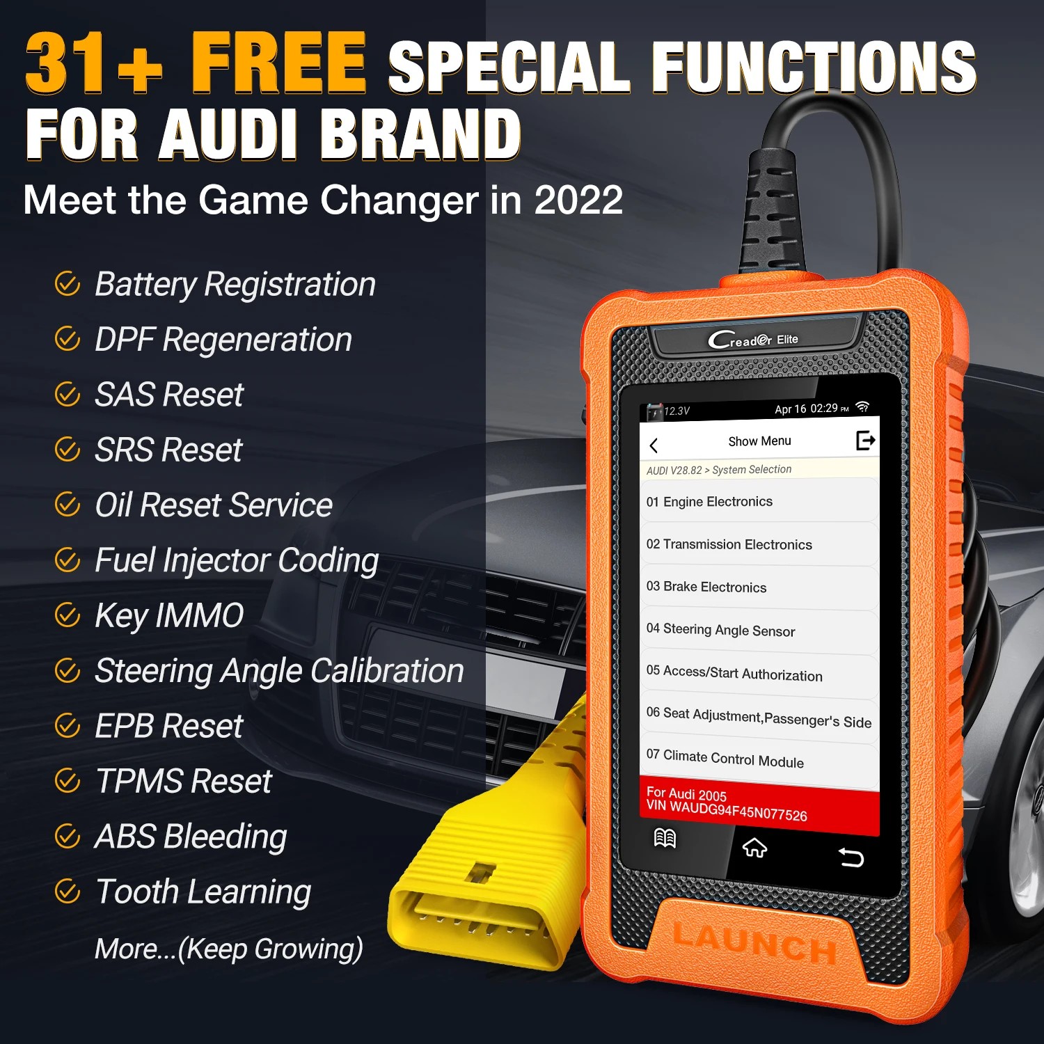 LAUNCH X431 Creader Elite for Audi Supports 31+ Reset Function