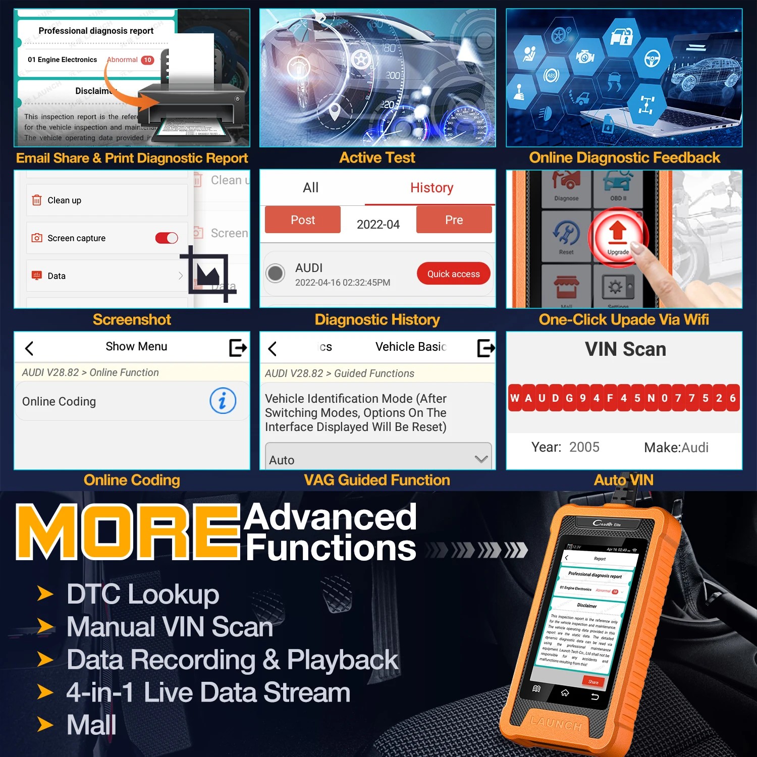 LAUNCH X431 Creader Elite for Audi Screenshot Screen Recorder and Print Diagnostic Report