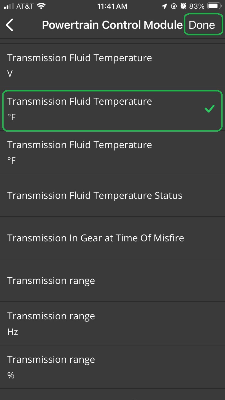 iOS Powertrain Control Module screen with Transmission Fluid Temperature highlighted.